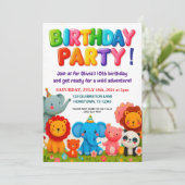 Kleurrijke Zoo Dieren Verjaardagsfeest Uitnodiging (Staand voorkant)