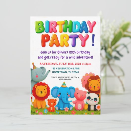 Kleurrijke Zoo Dieren Verjaardagsfeest Uitnodiging (Staand voorkant)