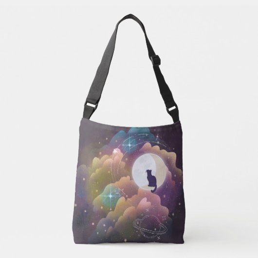 Kleurrijke zwarte kat halve maan crossbody tas (Voorkant)