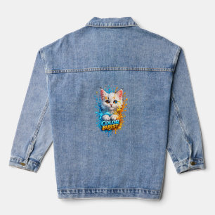 Kleuruitbarsting Kat – Levendige Verfwolken Spijke Denim Jacket