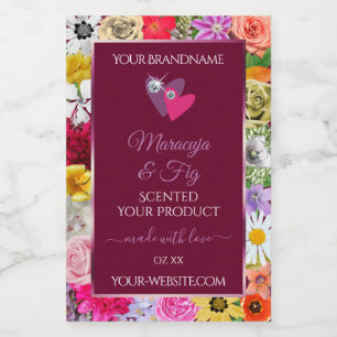 Kleurvol bloemenlabel in burgundy met harten voedselcontainer etiket