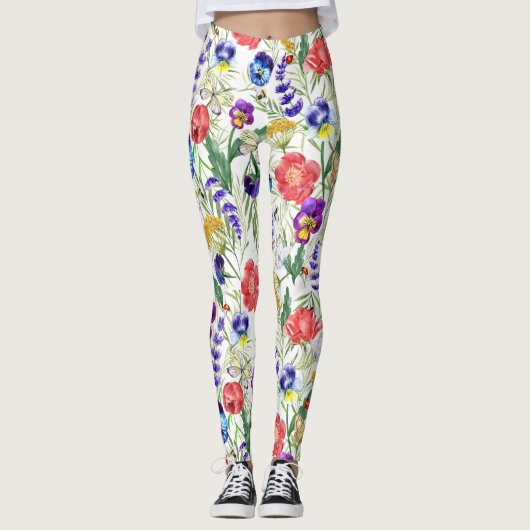 Kleurvolle Waterverf Wilde bloemen papavers Leggin Leggings (Voorkant)
