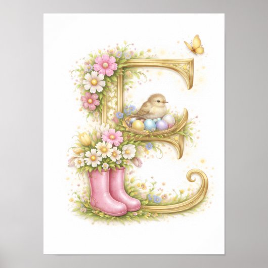 Kleuterbrief E Babyvogel Initiaal Gouden Bloemen Poster (Voorkant)