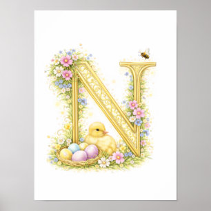 Kleuterbrief N Baby Eendje Initiaal Gouden Bloemmo Poster