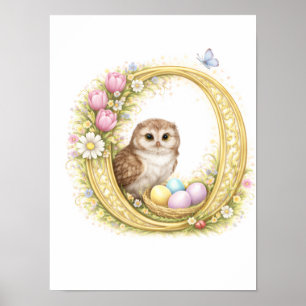 Kleuterbrief O Babyuil Initiaal Gouden Bloemmotief Poster