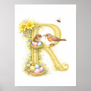 Kleuterbrief R Baby Robin Initiaal Gouden Bloemmot Poster