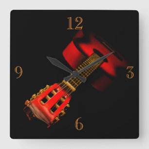 KLIK - RED GUITAR OP BLACK VIERKANTE KLOK