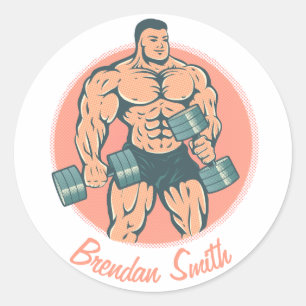 Klikker met bodybuilder en jouw naam ronde sticker