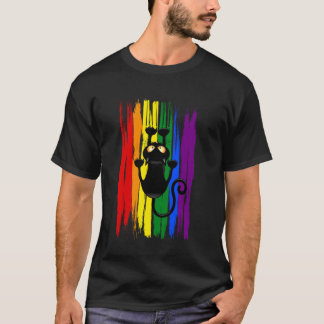 Klimmende zwarte kat op regenboog Grappige LGBTQ+  T-shirt