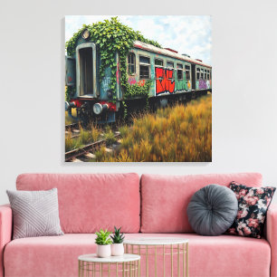 Klimop en graffiti bedekken verlaten trein canvas afdruk
