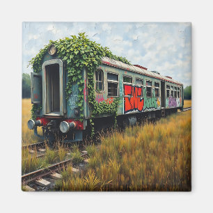 Klimop en graffiti bedekken verlaten trein magneet