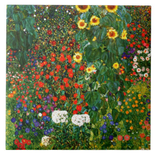 Klimt - Boerderij tuin met zonnebloemen Tegeltje