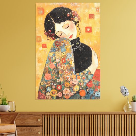 Klimt-geïnspireerde vrouw en kat canvas afdruk (Insitu (Woonkamer))
