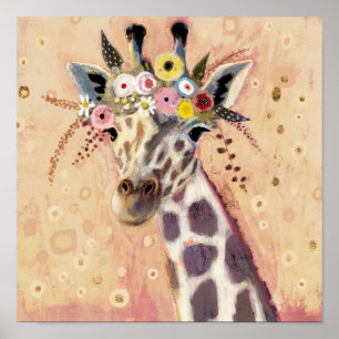 Klimt Giraffe   In bloemen toegevoegd Poster