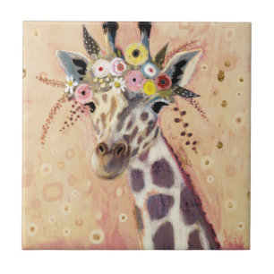 Klimt Giraffe   In bloemen toegevoegd Tegeltje