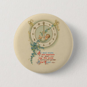 Klok in de vorm van een vintage oudjaarskindje ronde button 5,7 cm