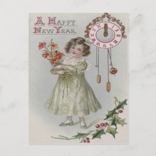Klok Middenacht Hulst Bloemen Schattig Meisje Briefkaart