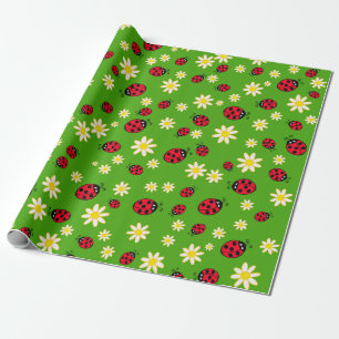 knap ladybug- en daisy-bloempatroon groen cadeaupapier