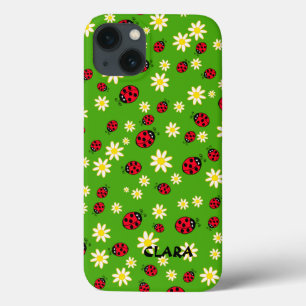 knap ladybug- en daisy-bloempatroon groen iPhone 13 hoesje