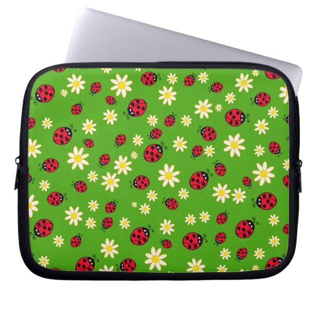 knap ladybug- en daisy-bloempatroon groen laptop sleeve (Voorkant)