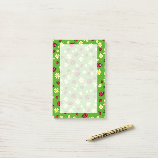 knap ladybug- en daisy-bloempatroon groen post-it® notes (Op bureau)