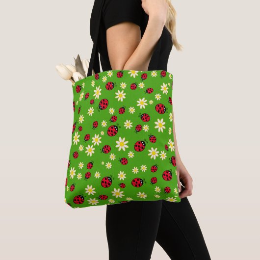 knap ladybug- en daisy-bloempatroon groen tote bag (Dichtbij)