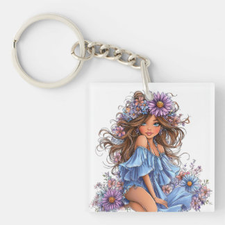 KNAP MEISJE MET ZOMERTHEMA GEKLEED IN BLAUW SLEUTELHANGER