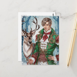 Knappe blonde man en een rendier kerst briefkaart