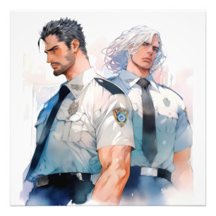 Knappe politieagenten waterverf anime foto afdruk