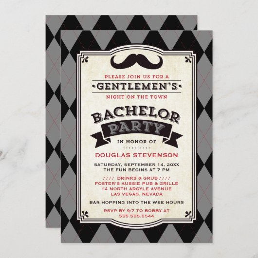 Knappe zwarte en grijze argyle vrijgezellenfeest kaart (Voorkant / Achterkant)
