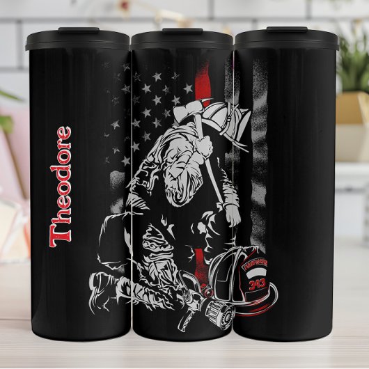 Kneeling Firefighter Thin Red Line Thermosbeker