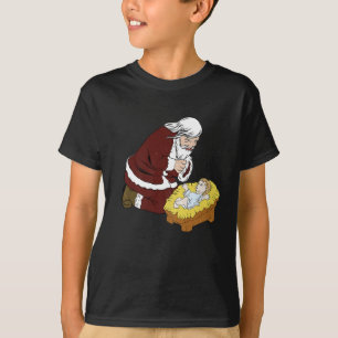 Kneeling kerstman met Baby Jesus T-Kerstmis T-shirt
