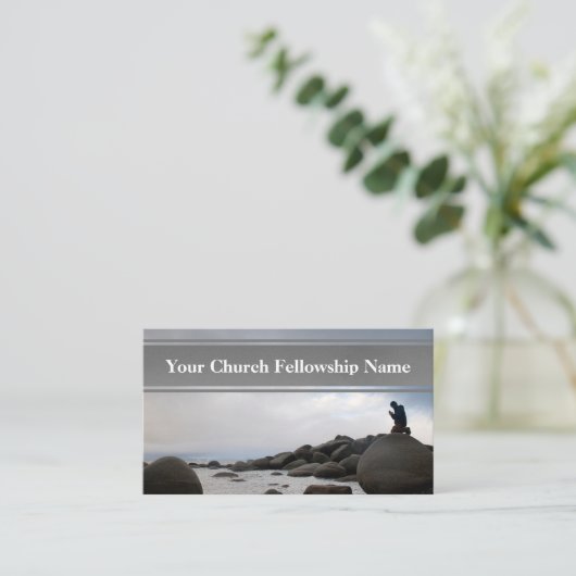 Knielend gebed Ocean Rocks Sunset Church Pastor Visitekaartje (Staand voorkant)