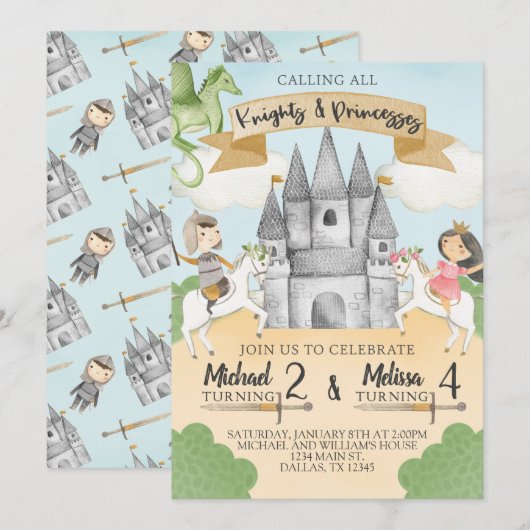 Knight and Princess Birthday Invitation Sibling Kaart (Voorkant / Achterkant)