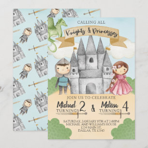 Knight and Princess Birthday Invitation Sibling Kaart