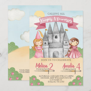 Knight and Princess Birthday Party Invitation Pink Kaart