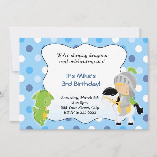 Knight Dragon Invitation Boy Birthday Party Blue Kaart (Voorkant)