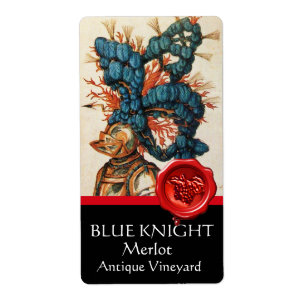 KNIGHT HELMET MET BLAUWE VEREN, RODE WAX SEAL Wine Etiket