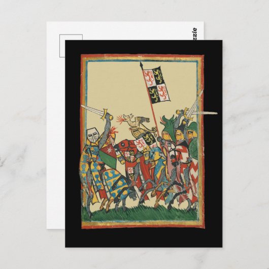 Knights Charging, 14e-eeuwse Codex Manesse Briefkaart (Voorkant / Achterkant)