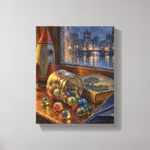 Knikkers, Blikken Raket en Regenachtig Raam Canvas Afdruk