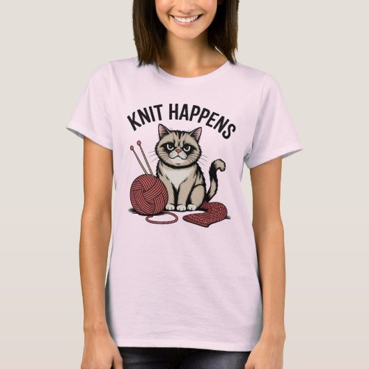 Knit Happens – Funny Cat & Yarn Design T-shirt (Voorkant)