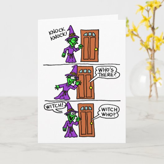 Knock Knock Knock Halloween Cartoon Heks Kinder Gr Kaart (Gele Bloem)