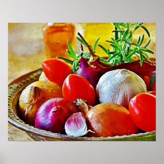 Knoflook, uien, tomatenwand voor decoratie. poster