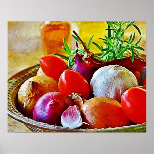 Knoflook, uien, tomatenwand voor decoratie. poster (Voorkant)