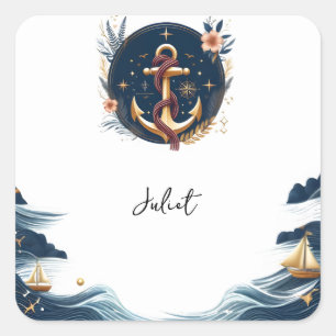 Knoop Boot Schip Marineblauw Zeevaart Bruidsdouche Vierkante Sticker