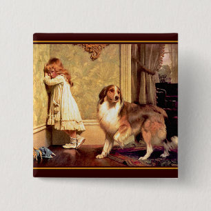 Knoop: Meisje met Pet Sheltie Vierkante Button 5,1 Cm