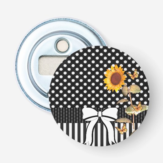 Knop Flesopener Zonnebloem Stippen Button Flesopener (Voorkant)