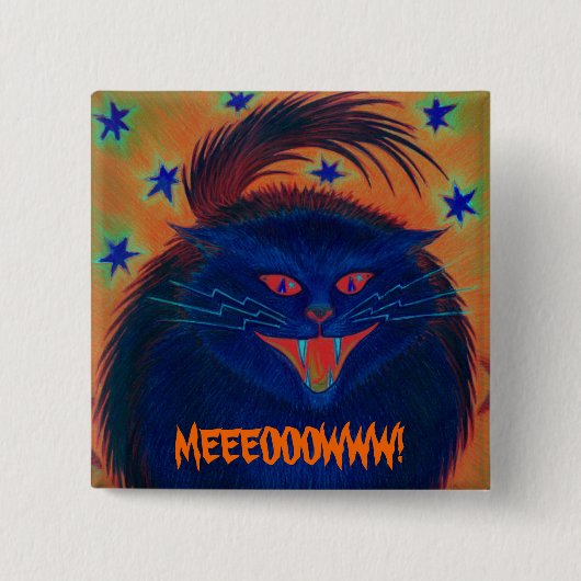 Knop Scary Cat Blue 'MEEEOOWW!' Vierkante Button 5,1 Cm (Voorkant)