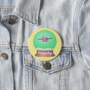 Knop wereldbol vliegende varkenssneeuw ronde button 7,6 cm