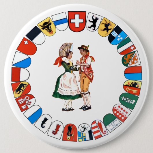 Knop Zwitserse kantons en dansers Ronde Button 6,0 Cm (Voorkant)